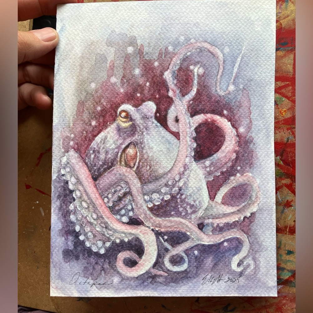 Original octopus painting kraken ocean art watercolor squid deco Artettina USA